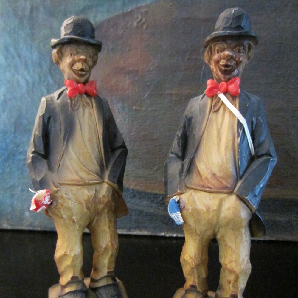 Germany Art Deco Carved Wood Twins Harlequin Character Figures W Red Bow Tie